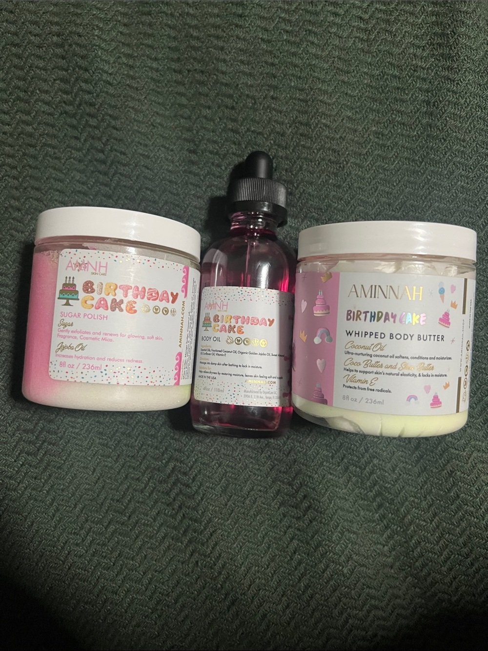 Aminnah Birthday Cake Whipped Body Butter, Serum & Sugar Polish